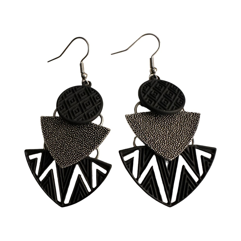Chic Black and Silver Geometric Chandelier Dangle Earrings - Picture 3 of 4